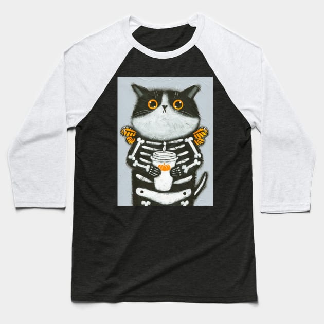 Skellie Coffee Cat Baseball T-Shirt by KilkennyCat Art